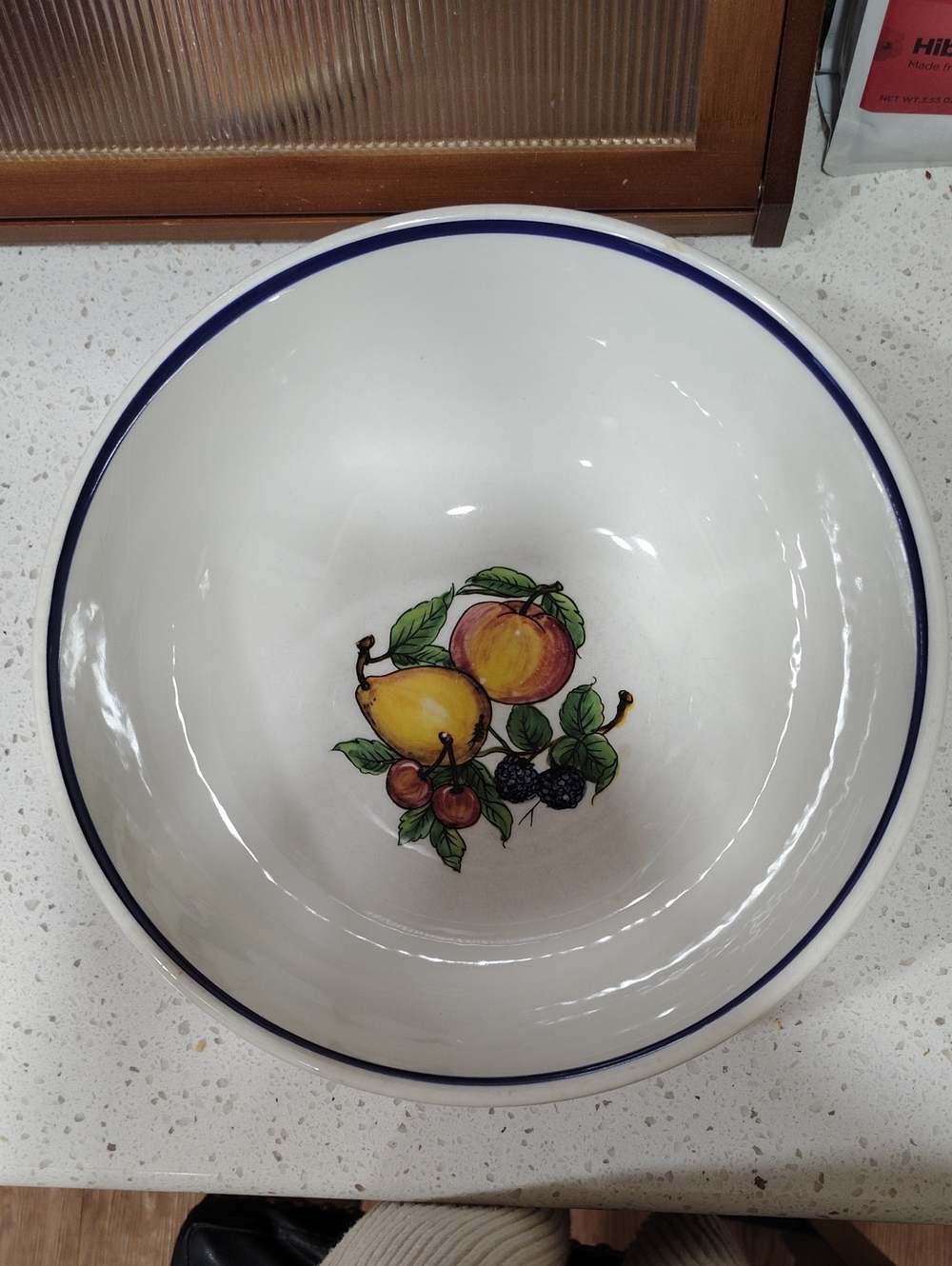 Crate&Barrel Large Italian White Ceramic Bowl with Blue Rim and Fruit Motif